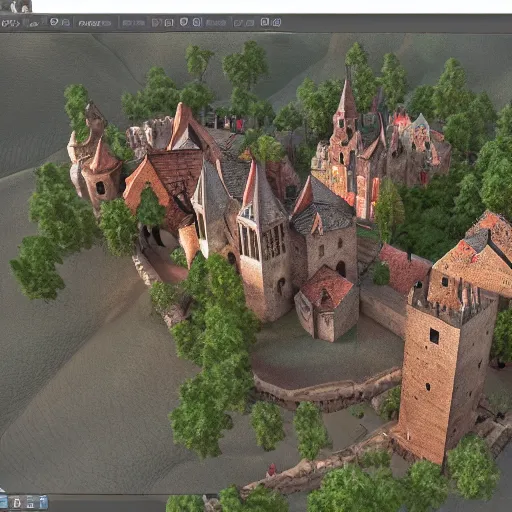 Prompt: medieval village with castle top view, trending on artstation