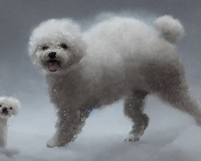 Prompt: prompt bichon battles through snowstorm with stomach scarred, digital painting, in the style of greg rutkowski, highly detailed