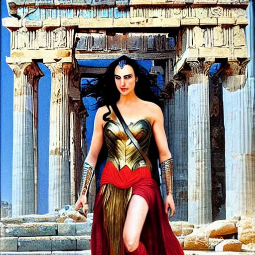 Prompt: Full body oil painting of the beautiful woman Gal Gadot, she is wearing some withe ancient roman cloths and a surreal ornate, her hair is natural disheveled, she is approaching heaven, she is in the Parthenon in Athens while people are claiming for her, she is attracting lightnings, aerial view, naturalism, dramatic lighting, high-detailed oil painting by Ilya Repin, Michelangelo da Caravaggio, William Blake, Alex Grey and Beksinski, trending on Artsatio, hystorical painting, masterpiece, 4k, 8k,