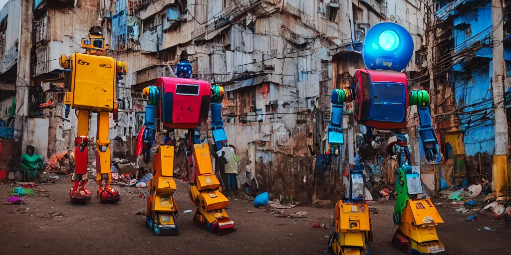 Image similar to colourful giant mecha ROBOT of AJEGUNLE SLUMS in Lagos, markings on robot, neon lights, Golden Hour,