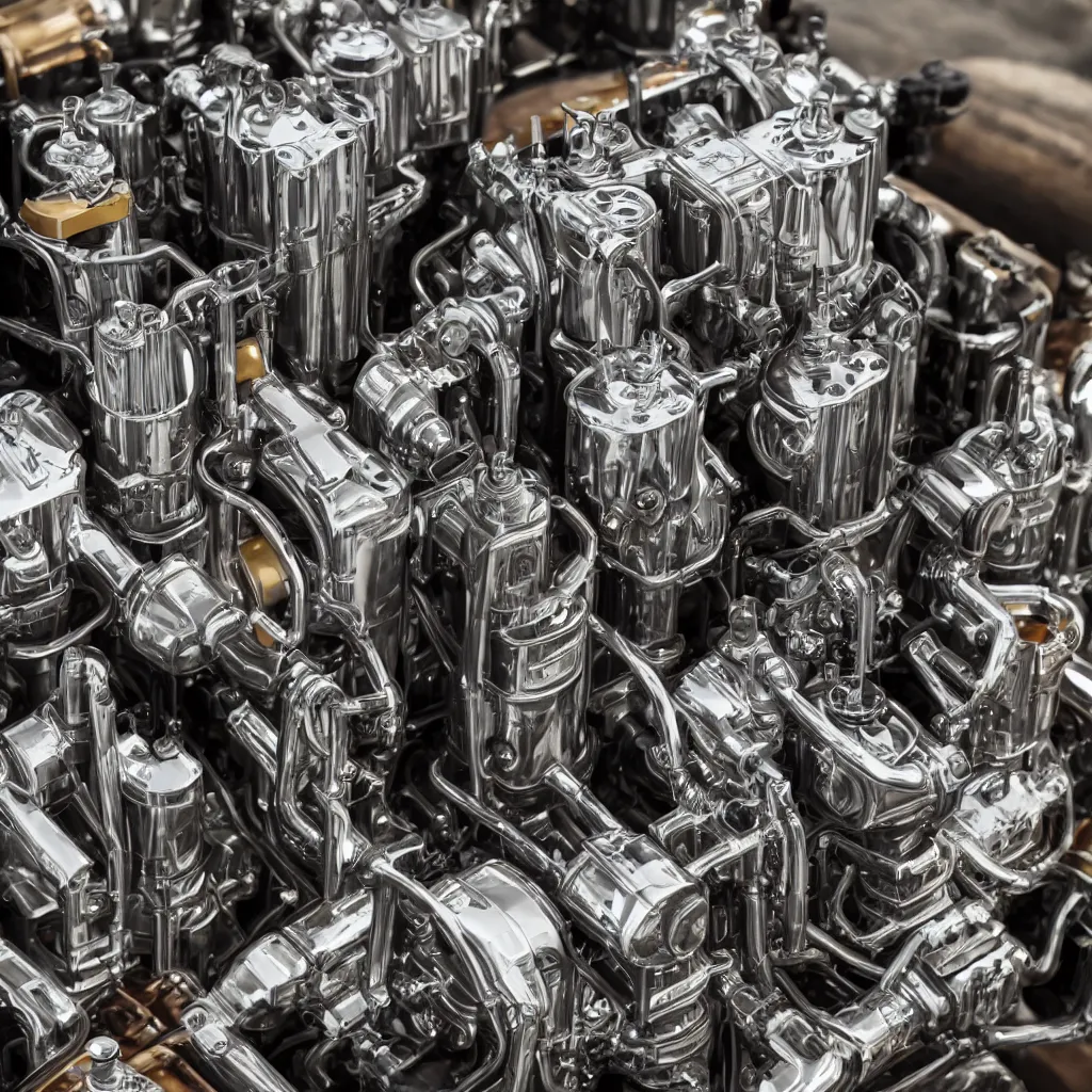 Image similar to eight cylinder engine with beer cans instead of pistons very detailed, 4 k, professional photography