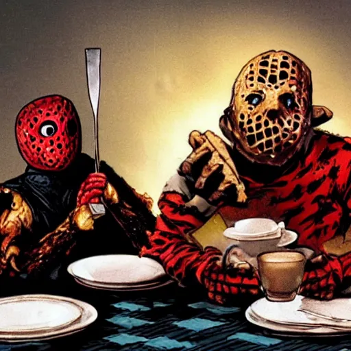 Prompt: Jason voorhees eating pancakes with Freddy Krueger