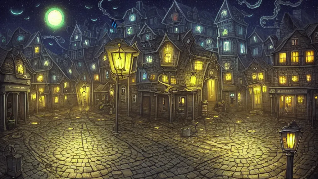 Prompt: empty lovecraftian town square surrounded by houses and inns. lovecraftian city at night by cyril rolando and naomi okubo and dan mumford and ricardo bofill. lovecraft. cobbled streets. oil lamp posts. lovecraftian statues. starry night sky. cthulhu.