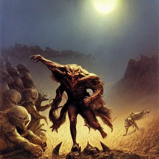 Prompt: ultra realistic painting of harold h. hamlet fending off the corrupted soldiers of recda, the last witch of the north on the mountain of gratsville but the great swine of the seventh sun is casting a spell to cause a catastrophe, by beksinski