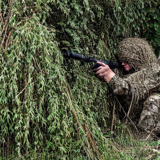 Image similar to a sniper in a ghillie suit in the bushes