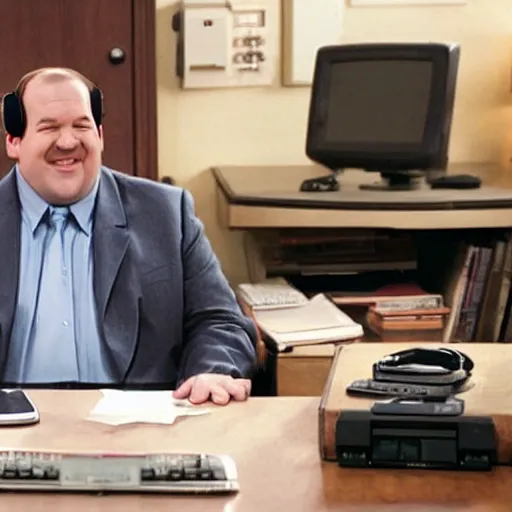 Image similar to Kevin Malone sitting at his desk, a small radio is sitting on top of the desk