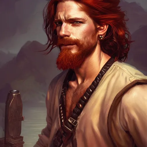 Prompt: portrait of a young ruggedly handsome but easygoing pirate, male, masculine, upper body, red hair, long hair, d & d, fantasy, intricate, elegant, highly detailed, digital painting, artstation, concept art, matte, sharp focus, illustration, art by artgerm and greg rutkowski and alphonse mucha