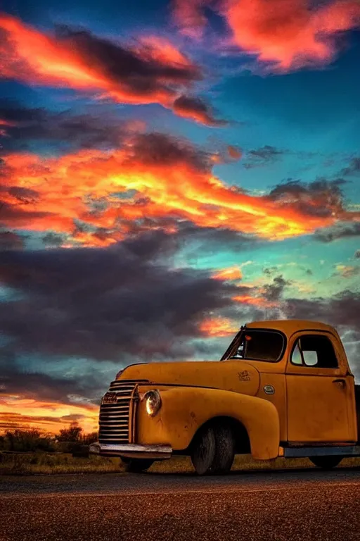 Image similar to a sunset light landscape with historical route 6 6, lots of sparkling details and sun ray ’ s, blinding backlight, smoke, volumetric lighting, colorful, octane, 3 5 mm, abandoned gas station, old rusty pickup - truck, beautiful epic colored reflections, very colorful heavenly, softlight