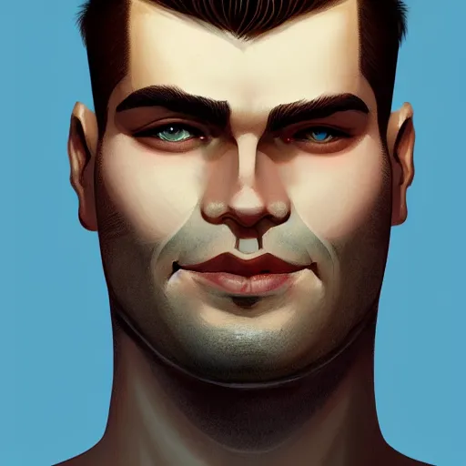 Image similar to tall fat man in his twenties with brown blond short quiff hair and round facial structure with cleft chin, straight eyebrows, slightly smiling, cheekbones, wider face, shadow of beard, atmospheric lighting, painted, intricate, 4 k, highly detailed by charlie bowater