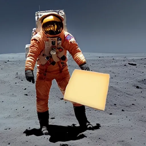 james may, driving a piece of cheese, on the moon Stable Diffusion
