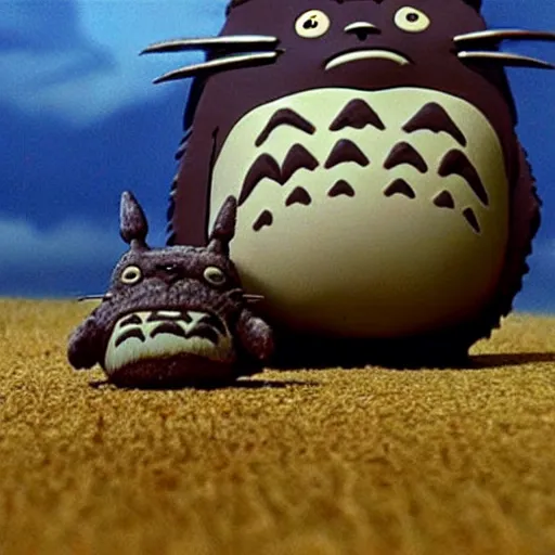 Prompt: stop motion film, totoro stalks his prey