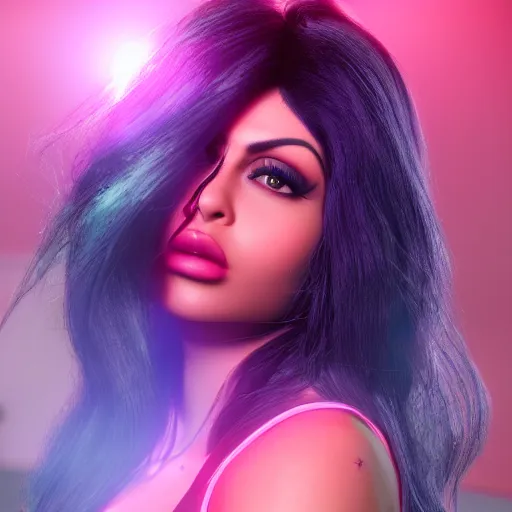 Image similar to portait haifa wehbe centred, very long hair, hd, bright colors, final fantasy, unreal engine 5 highly rendered, global illumination, radiant light