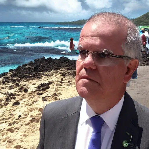 Image similar to Scott Morrison on vacation in Hawaii, apocalyptic background