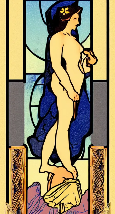 Prompt: a tarot card that depicts a person carrying a hobo sack walking off a cliff, illustrated in an art deco style by tamara de lempika and an elegant border by alphonse mucha. | studio lighting | digital painting, stunning lighting, trending on artstation