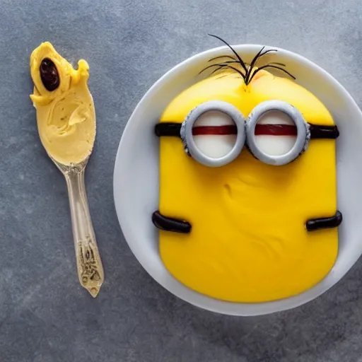 Image similar to an edible minion made out of cheez whiz, olives, and whipped cream, food photography