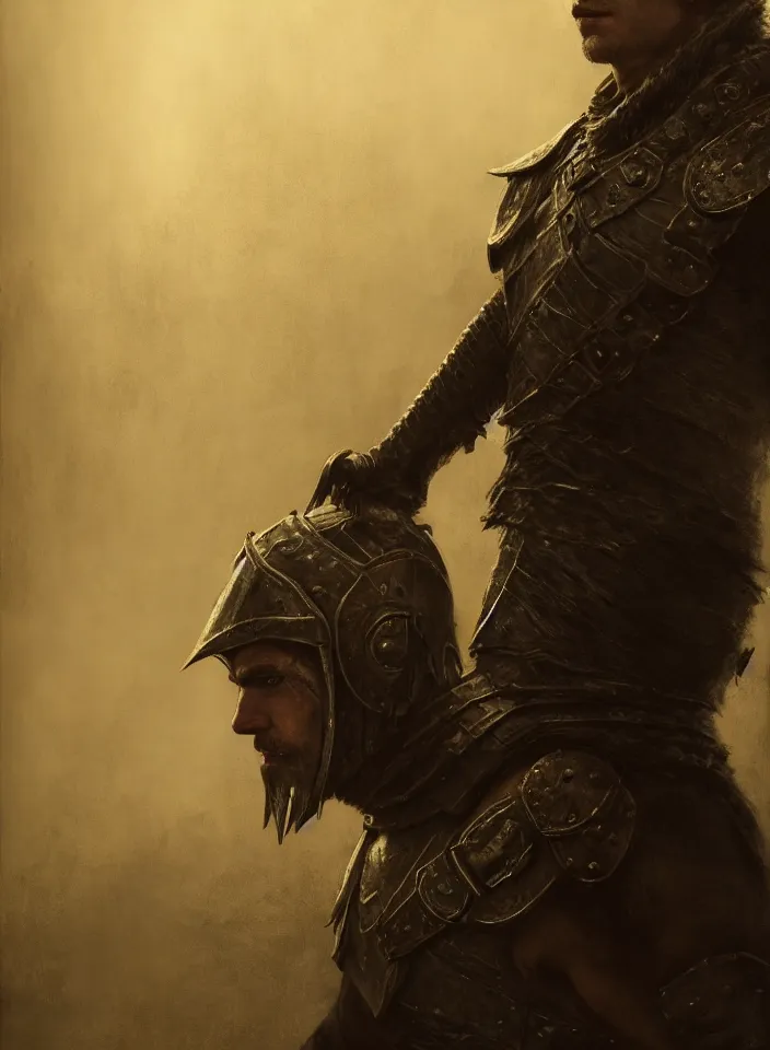 Image similar to a portrait of an nord warrior wearing leather armor from skyrim, fantasy setting, dark environment, serene colors, soft lighting, atmospheric, cinematic, moody, in the style of diego koi, gina heyer, luiz escanuela, art by alyssa monk, hyperrealism, rule of thirds, golden ratio, oil on canvas, 8 k