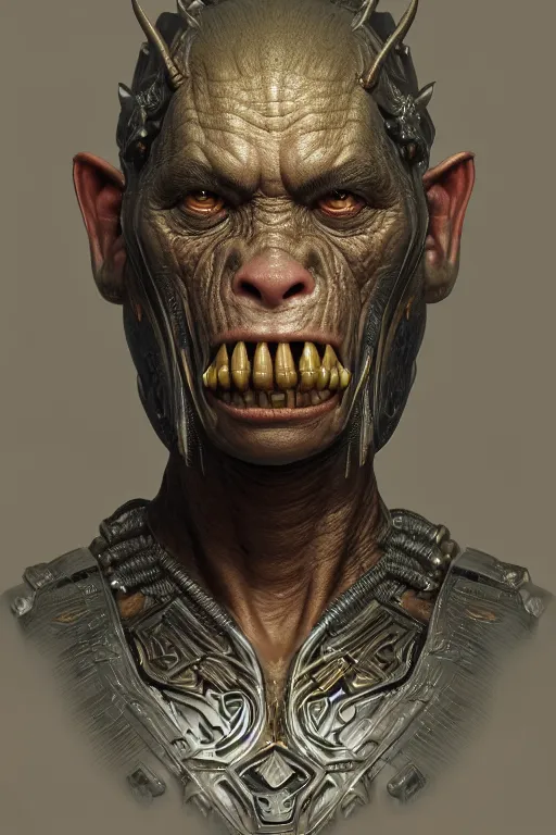 Prompt: realistic render portrait of an orc with intricate armor , intricate, dystopian toy, sci-fi, extremely detailed, digital painting, sculpted in zbrush, artstation, concept art, smooth, sharp focus, illustration, chiaroscuro lighting, golden ratio, incredible art by artgerm and greg rutkowski and alphonse mucha and simon stalenhag