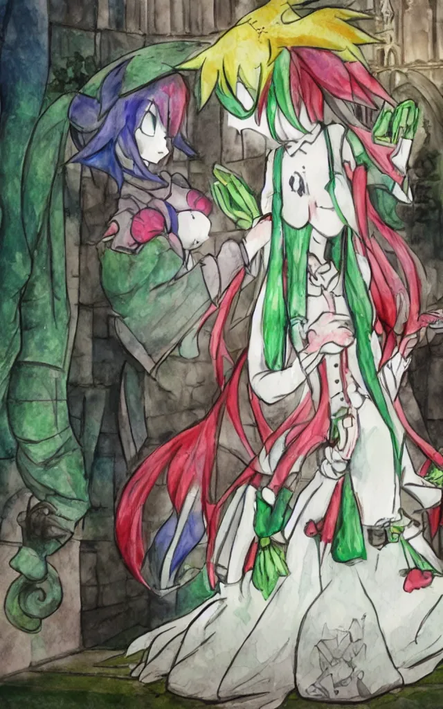 Image similar to jester getting married to my Gardevoir anime waifu, anime beautiful scene in a church, high quality upload, watercolour painted background, wedding, highly rated anime animation