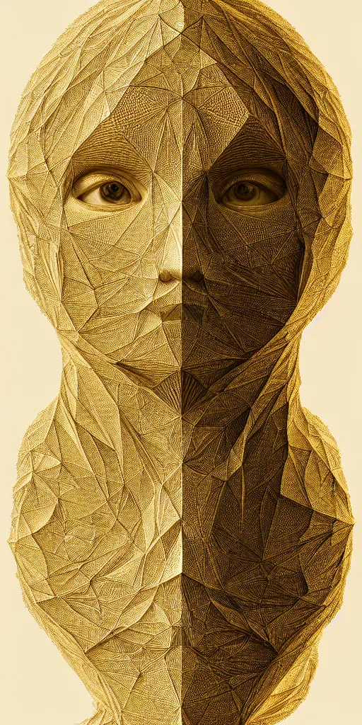 Prompt: hyper detailed ultra sharp of a beautiful fractal face. trending on artstation, golden, delicate, facing camera, hyper realism, 1 4 5 0, engraving, ultra realistic, 8 k