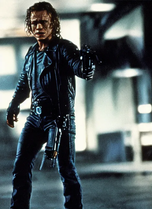 Image similar to film still of Heath Ledger as The Terminator in The Terminator, 4k