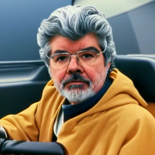 Image similar to a cinematic photo of george lucas dressed as a jedi on his way to work at the kwik - e - mart from the simpsons, beautiful, breaking bad, canon, elegant, star wars, 4 k,