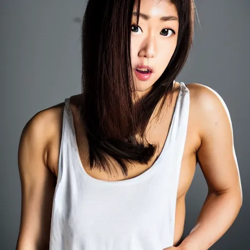 Image similar to “an action photoshoot of akane owari, akane owari danganronpa, a toned Japanese young woman with dark tanned skin and wild wavy brown hair in a bob, hazel eyes, athletic fashion photography, sparring, dynamic pose, young and beautiful, white tank top, magazine cover, Japanese facial features, full of energy”