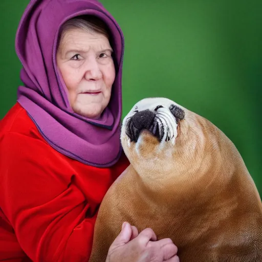 Prompt: portrait photo of a babushka with pet miniature walrus