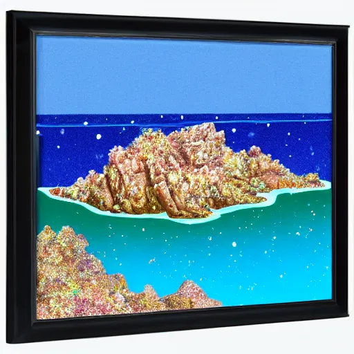 Prompt: rocky desert islands surrounded by steep glittering crystalline cliffs, high quality digital art