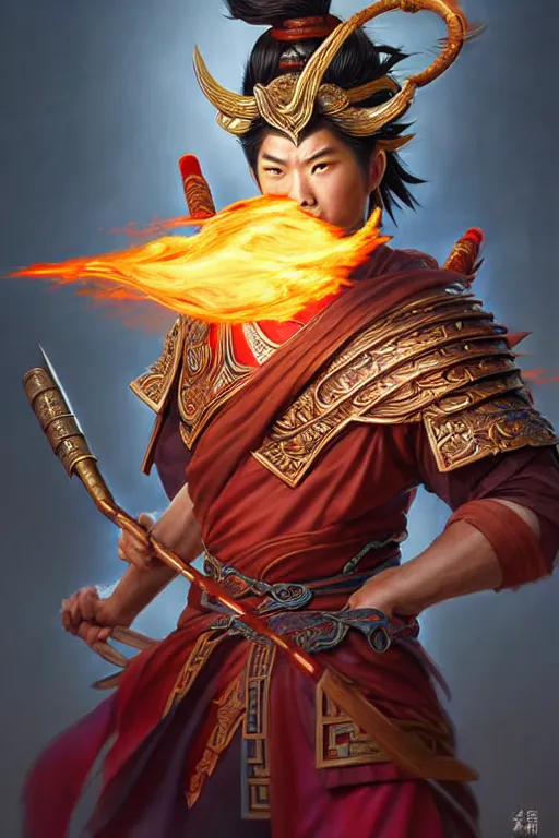 Image similar to handsome nezha, highly detailed, man holding spear, flame everywhere, epic pose, masterpiece chinese fantasy character portrait, highly detailed, digital painting, trending on artstation, concept art, sharp focus, illustration, global illumination, ray tracing, realistic shaded, art by artgerm and greg rutkowski and fuji choko and viktoria gavrilenko and hoang lap