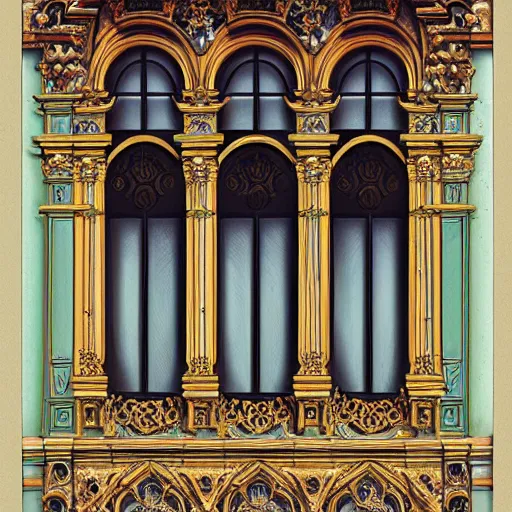 Image similar to digital illustration of a beautiful window open front view, aesthetic, achenbach, andreas, angelico, fra, bellotto, bernardo, ornate, russian style, colorful architectural drawing, behance contest winner, vintage frame window