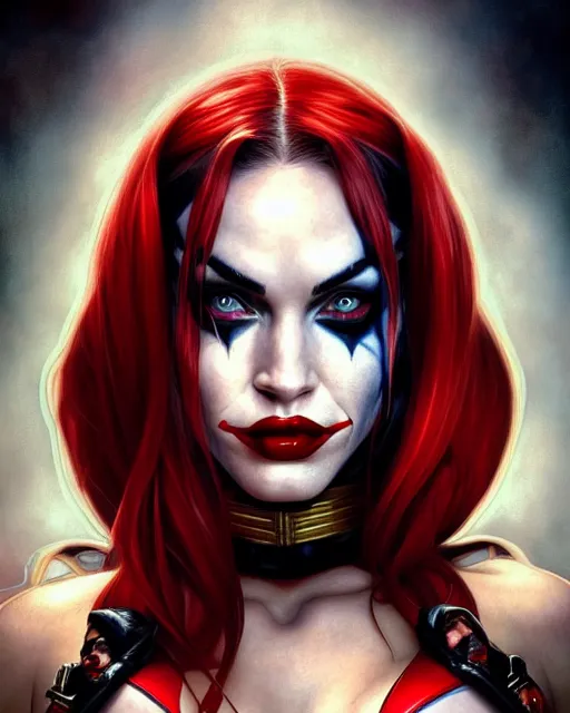 Image similar to portrait of megan fox as harley quinn, dc, comics, joker, intricate, headshot, highly detailed, digital painting, artstation, concept art, sharp focus, cinematic lighting, illustration, art by artgerm and greg rutkowski, alphonse mucha, cgsociety