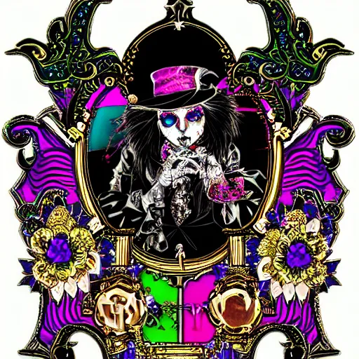 Prompt: baroque bedazzled gothic royalty frames surrounding a pixelsort emo demonic horrorcore Japanese maximalist decora Mad Hatter, sharpened early computer graphics, remastered chromatic aberration