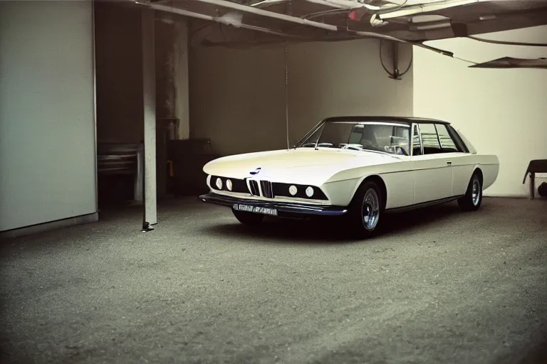 Image similar to single Formula 1, 1964 BMW M1 Lincoln Continental, inside of a minimalist Tokyo garage, ektachrome photograph, volumetric lighting, f8 aperture, cinematic Eastman 5384 film