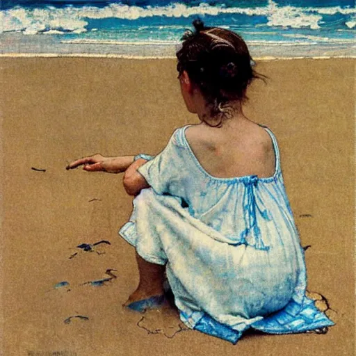 Prompt: “young girl at the beach by Norman Rockwell”