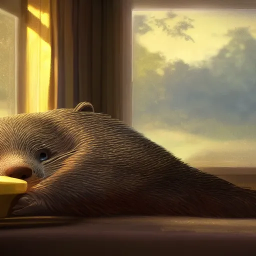 Prompt: Rendering of a sleepy otter in a bed，by Makoto Shinkai and thomas kinkade, Matte painting,trending on artstation and unreal engine