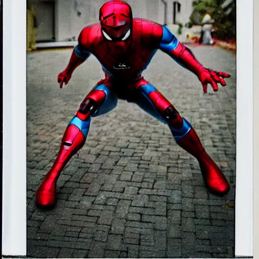 Image similar to a single iron man and spider - man hybrid, dslr, polaroid