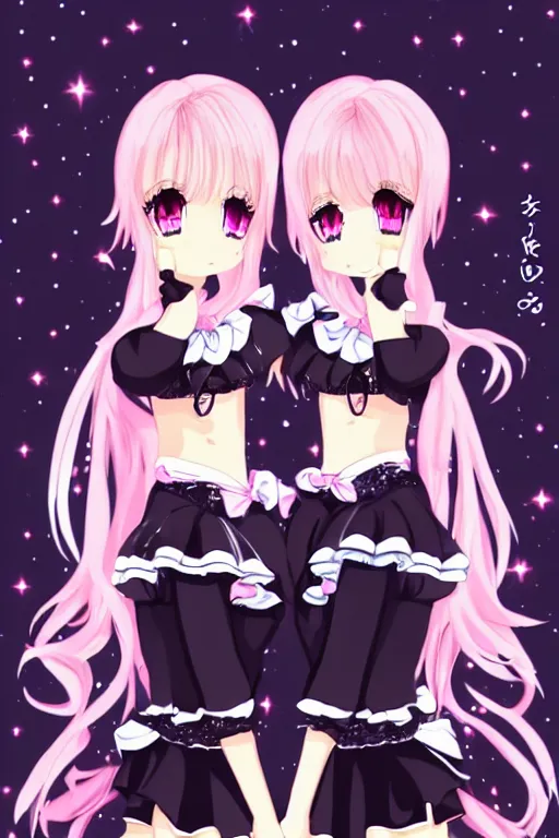 Image similar to two beautiful female idols with twintails facing each other, dark background, detailed anime art
