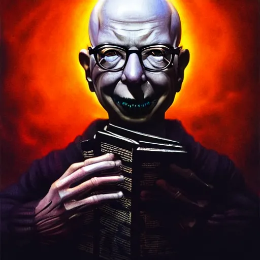 Image similar to uhd photorealistic dark scifi illustration of klaus schwab, reading necronomicon wearing bizarre voodoo makeup. cinematic lighting, in the style of akira toriyama, beksisnski, amano and karol bak, scifi, fantasy, hyperdetailed.