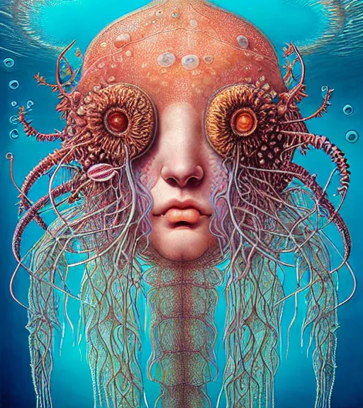 Prompt: hyperrealistic detailed underwater face portrait of the beautiful god of the jellyfish with an intricate headgear of corals, sea kelp, sea plants, fish, starfish, jellyfish, art by ernst haeckel, victor ngai, john william godward, android jones, gothic, neo - gothic, ornamental, beautiful deep colours,