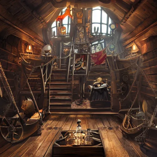 Image similar to interier view of award - winning pirate themed escape room set on the top deck on pirate ship from 1 7 2 0. steampunk. trending on artstation, realistic.