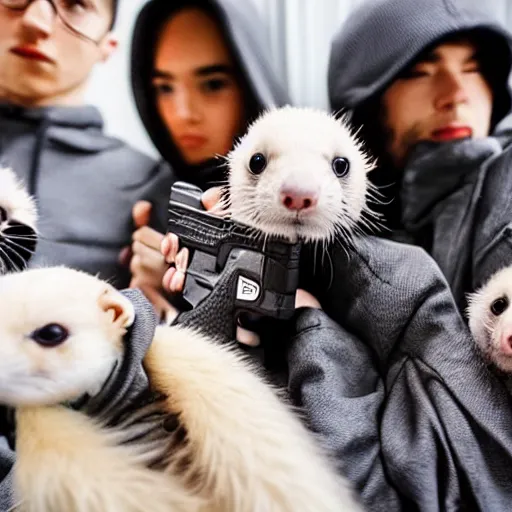 Prompt: a group of ferrets in hypebeast clothing holding a glock towards the camera