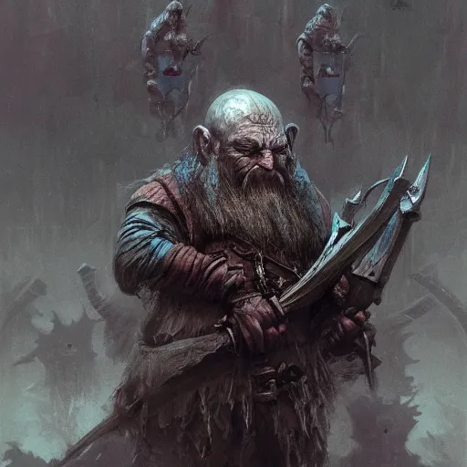 Image similar to dwarf hammerer concept art, long shot, beksinski, wayne barlowe, adrian smith concept art, ruan jia, weta workshop the hobbit, trending on artstation, dark soul concept art, elden ring concept art, demon soul concept art, the witcher concept art