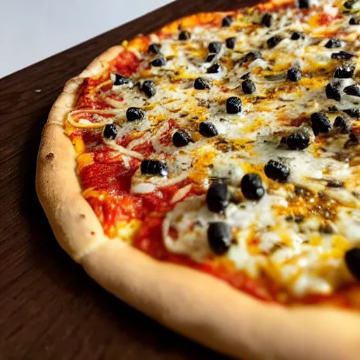 Image similar to a close up shot of a new york style pizza with a nest of yellow and black wasps on top, extremely realistic, very crisp details, photo realistic, trending on instagram, soft colors