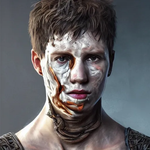 Image similar to portrait painting of a bitter young man with severe burn scars on his face and poorly cut very short hair wearing tattered leather armor, ultra realistic, concept art, intricate details, eerie, highly detailed, photorealistic, octane render, 8 k, unreal engine. art by artgerm and greg rutkowski and charlie bowater and magali villeneuve and alphonse mucha