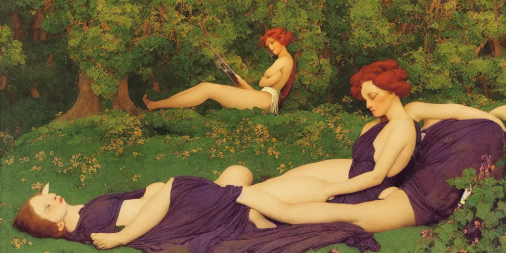 Image similar to a woman and a dryad lounging on a edwardian couch, style of maxfield parrish,