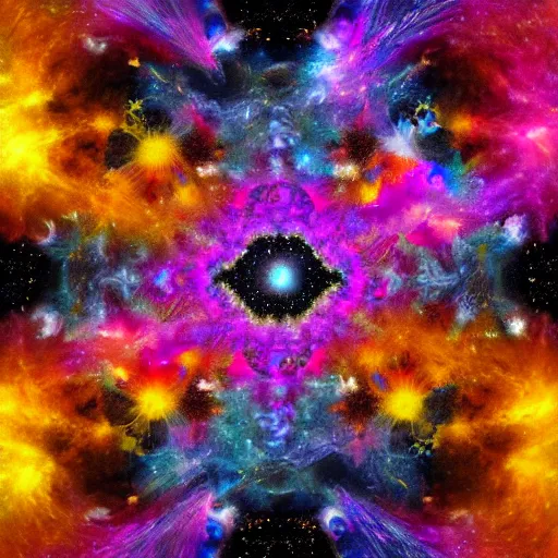 Image similar to a painting of a black portal!! in outer space, surrounded by fractals!, galaxies, and clouds!! of kaleidoscopic colors, trending on art station