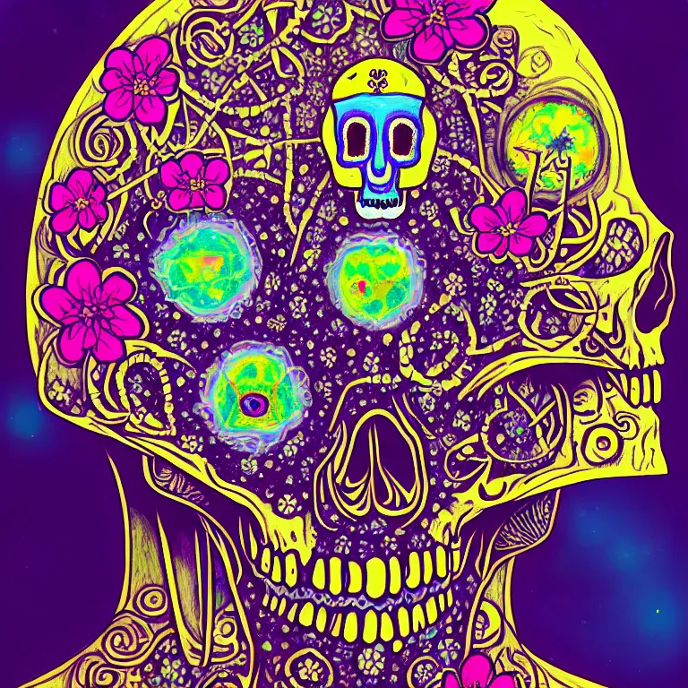 Prompt: a mixed media painting self portrait of a stunning skullboy. skull atoms, gotic harts, flowers, spaceships, hamsa hand, by [ xsullo ], behance contest winner, psychedelic art, psychedelic, high detailed, groovy