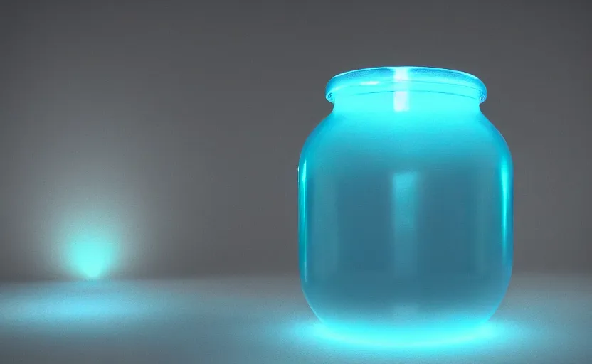 Image similar to a jar with bright cyan blue liquid in it, glowing, high detail, unreal engine