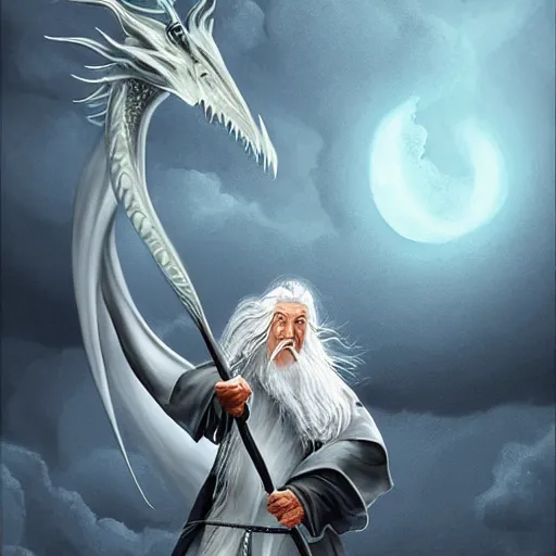 Image similar to gandalf riding a dragon, highly detailed, digital art