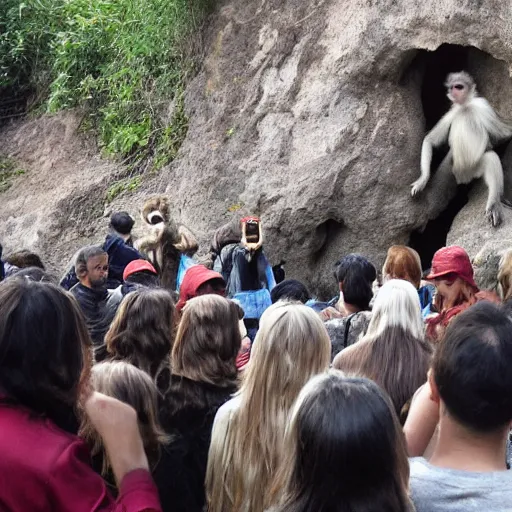 Prompt: monkey walks out of cave holding a stone club, crowds of blond female human women watch on in awe